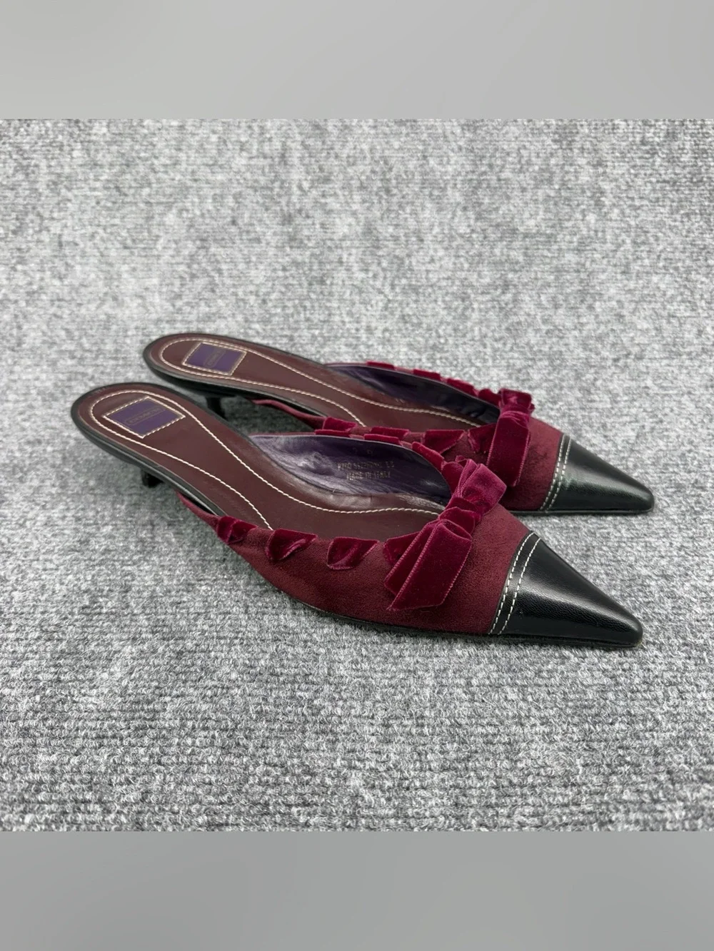 VTG COACH Kitten Heel Mules Burgundy Suede Black Leather 9B